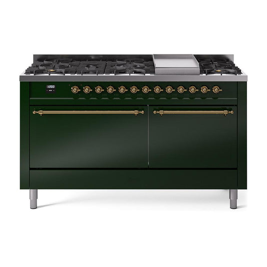 Ilve UP60FQNMPEGG Ilve Nostalgie Ii 60 Up60Fqnmpegg Freestanding Dual Fuel Range With 9 Sealed Burners Double Oven With Solid Door In Emerald Green With Brass Knobs