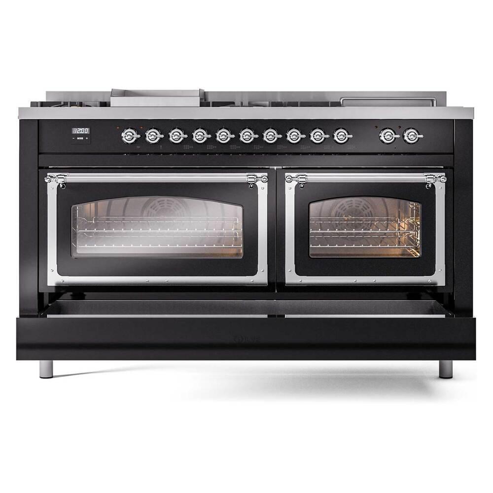 Ilve UN60FSNMPBKC Ilve Un60Fsnmpbkc Nostalgie Ii Noblesse 60" Dual Fuel Range (7 Sealed Burners + Griddle + French Top, Natural Gas, Triple Glass Door, Glossy Black, Chrome)