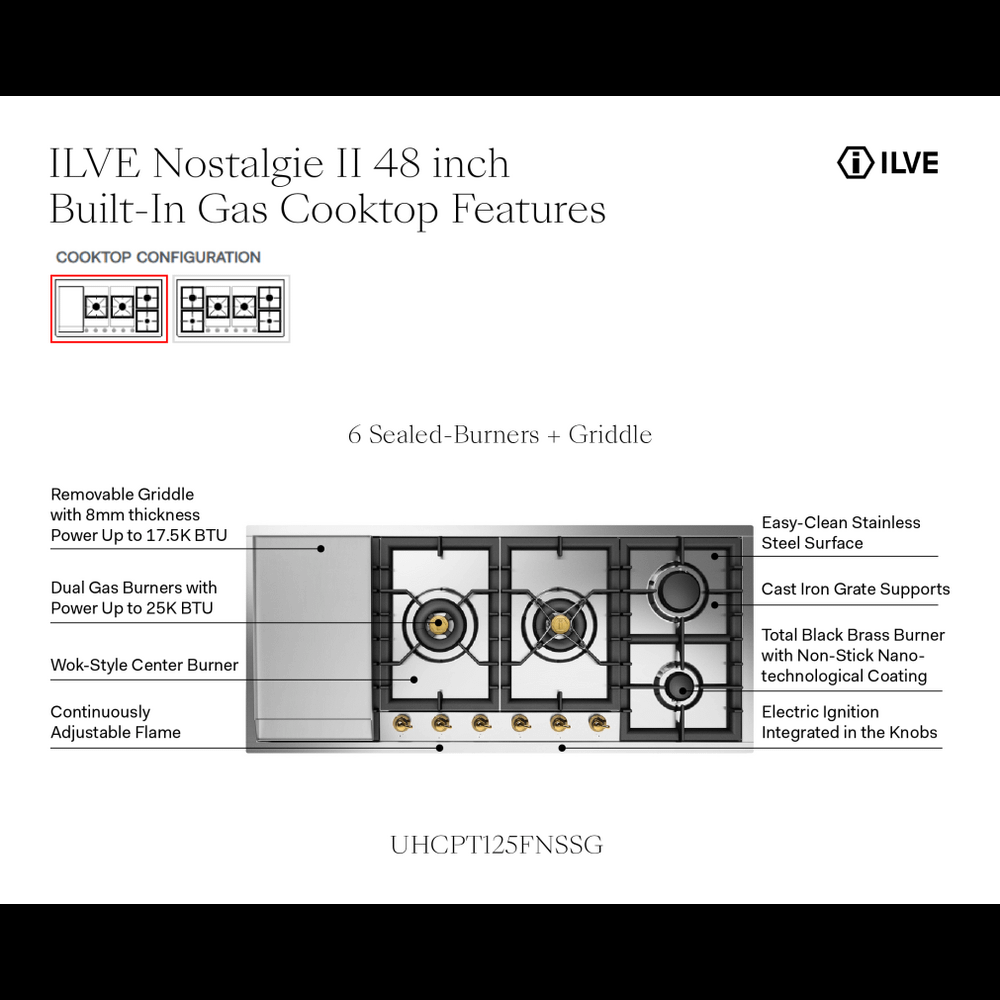 Ilve UHCPT125FNSSGLP Ilve Uhcpt125Fnssglp Nostalgie Ii 48 Inch Built-In Gas Cooktop With Total Black Brass Burners, In Stainless Steel (6 Sealed Burners + Left Griddle, Liquid Propane, Brass)