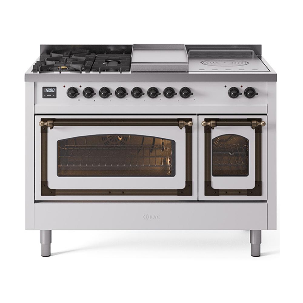 Ilve UN48FSNMPWHB Ilve Un48Fsnmpwhb Nostalgie Ii Noblesse 48" Dual Fuel Range (5 Sealed Burners + Griddle + French Top, Natural Gas, Triple Glass Door, White, Burnished)