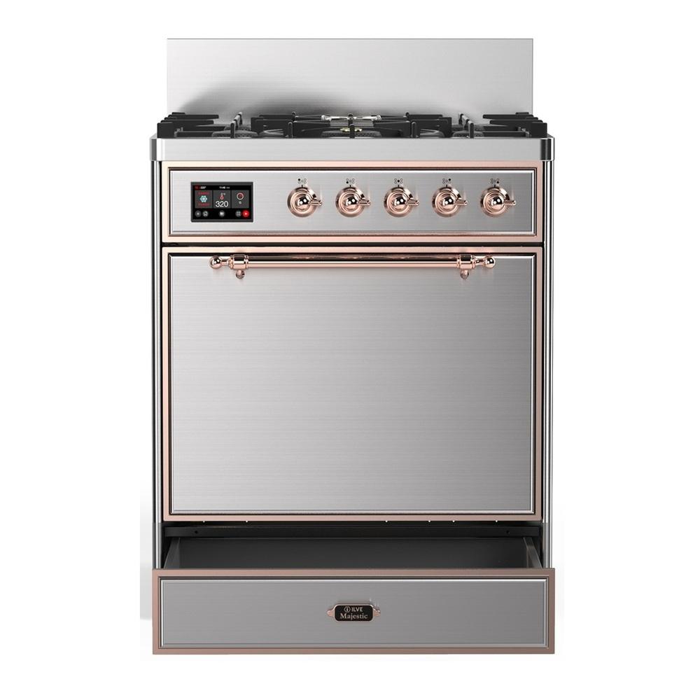 Ilve UM30QNR3SSP Ilve Um30Qnr3Ssp Majestic Iii 30 Inch Dual Fuel Range With 5 Black Brass Burners, Dual Function Burner Up To 25,000 Btu (Natural Gas, Solid Door, Stainless Steel, Copper)