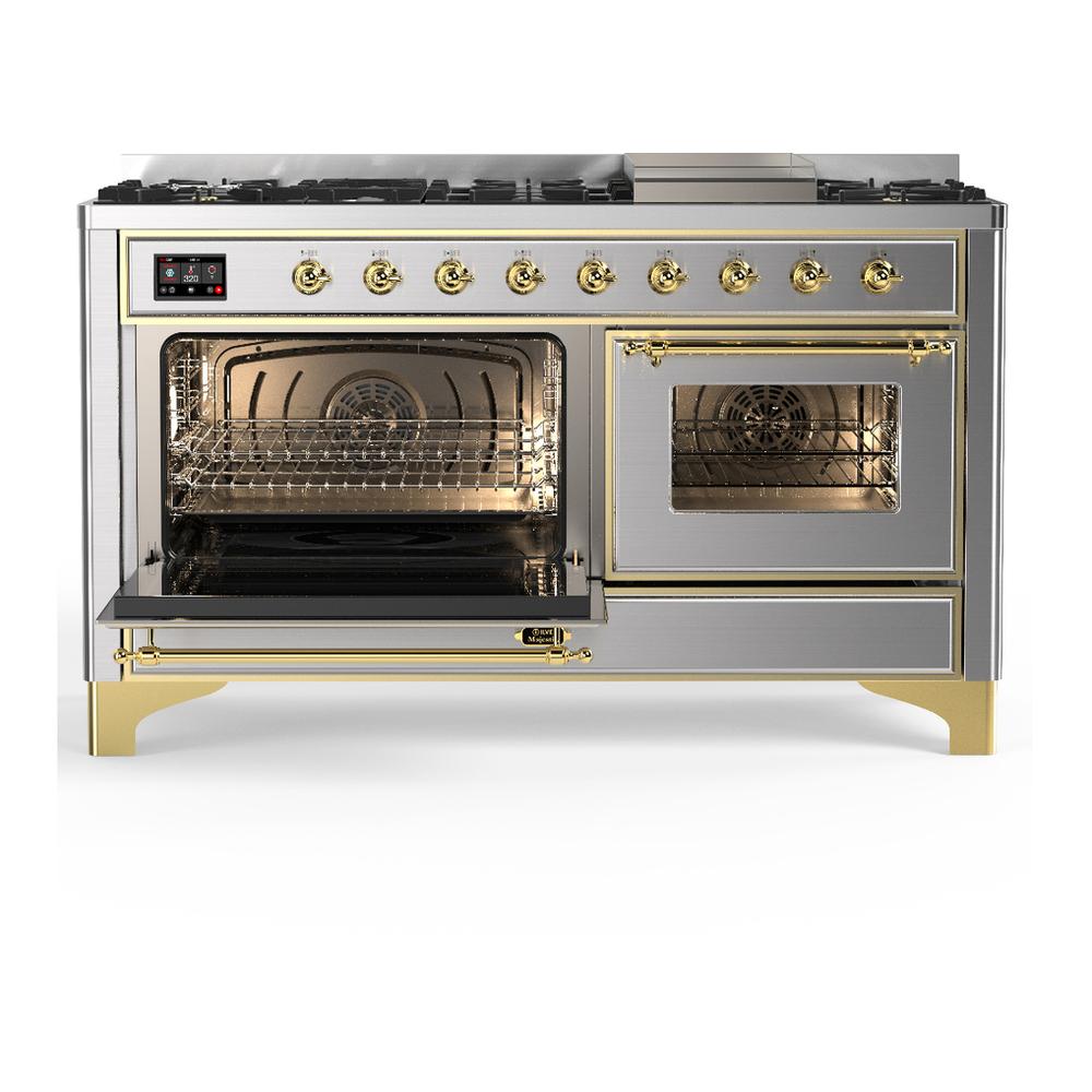 Ilve UM60FNR3SSG Ilve Um60Fnr3Ssg Majestic Iii 60 Inch Dual Fuel Range With 9 Burners And Griddle, Dual Function Burner Up To 25,000 Btu (Natural Gas, Triple Glass Door, Stainless Steel, Brass)