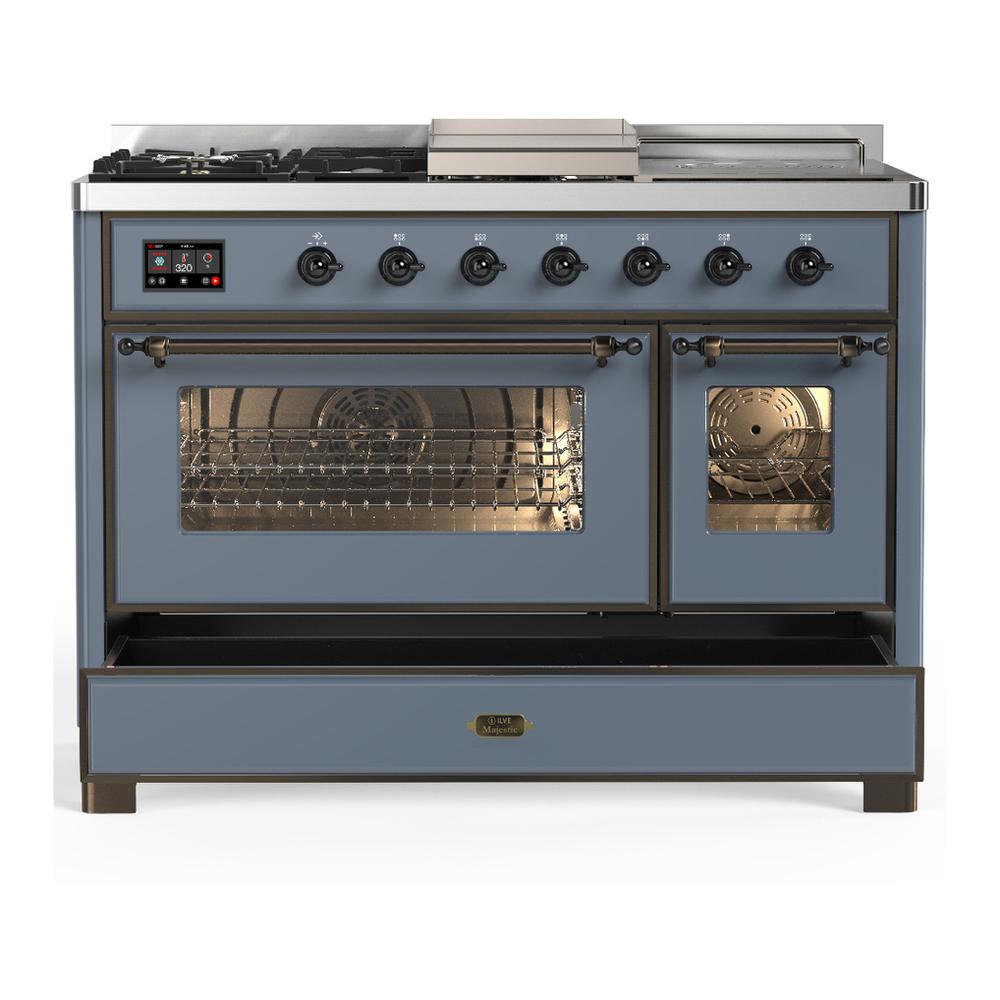 Ilve UM48FSNR3BGB Ilve Um48Fsnr3Bgb Majestic Iii 48 Inch Dual Fuel Range With 5 Black Brass Burners, Griddle And French Top, Dual Function Burner Up To 25,000 Btu (Natural Gas, Triple Glass Door, Blue Grey, Burnished)