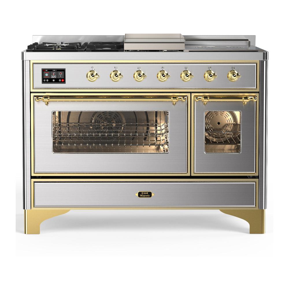 Ilve UM48FSNR3SSGLP Ilve Um48Fsnr3Ssglp Majestic Iii 48 Inch Dual Fuel Range With 5 Black Brass Burners, Griddle And French Top, Dual Function Burner Up To 25,000 Btu (Liquid Propane, Triple Glass Door, Stainless Steel, Brass)
