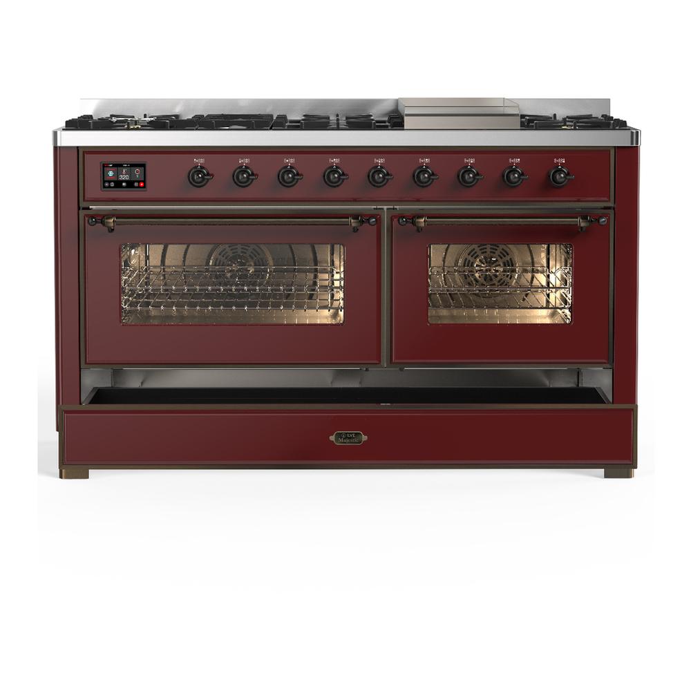 Ilve UM60FNR3BUB Ilve Um60Fnr3Bub Majestic Iii 60 Inch Dual Fuel Range With 9 Burners And Griddle, Dual Function Burner Up To 25,000 Btu (Natural Gas, Triple Glass Door, Burgundy, Burnished)