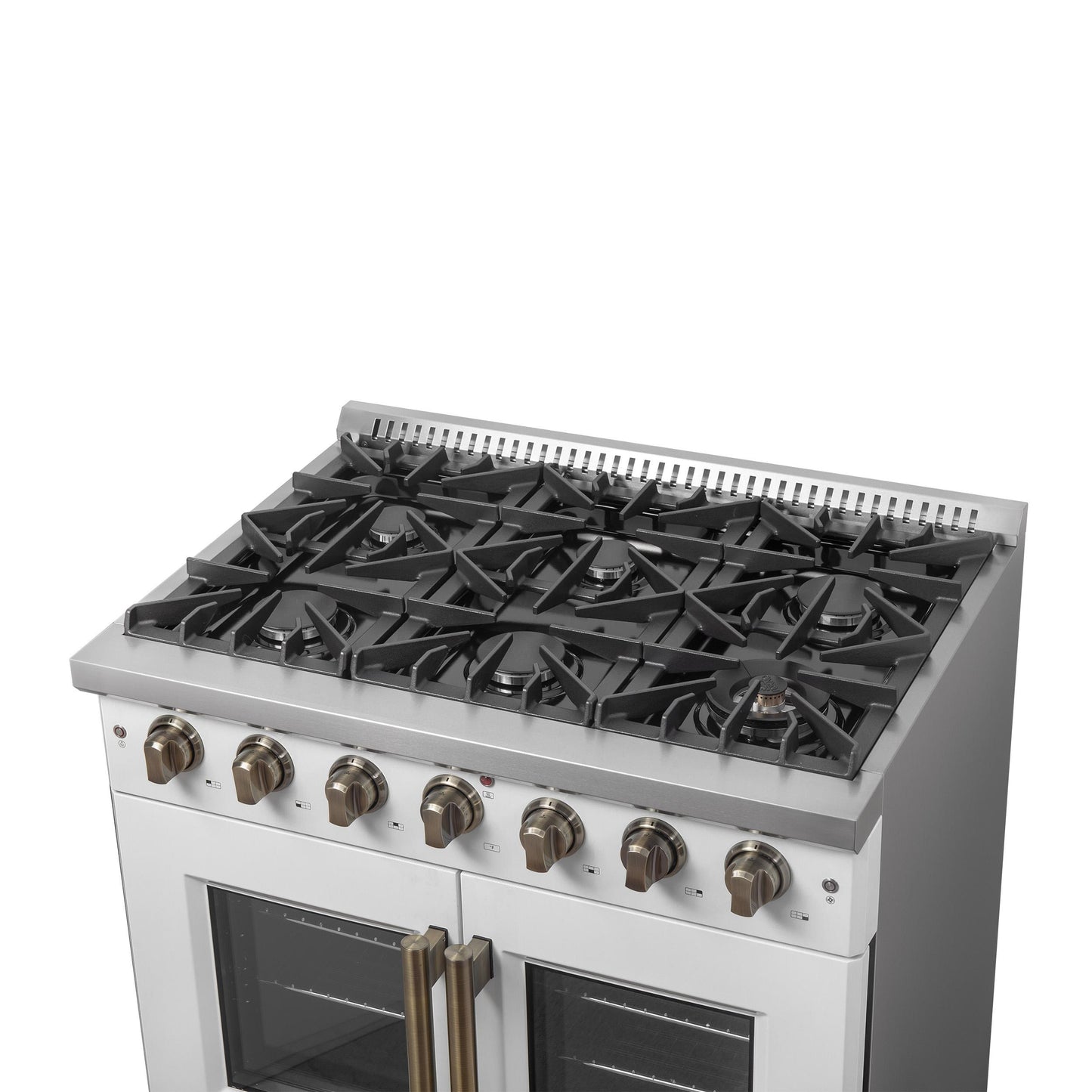 Forno FFSGS644436WHT Forno Galiano 36-Inch French Door Gas Range White And Antique Brass Design, 6 Sealed Burners 83,000 Btu, 5.36 Cu.Ft. Convection Oven