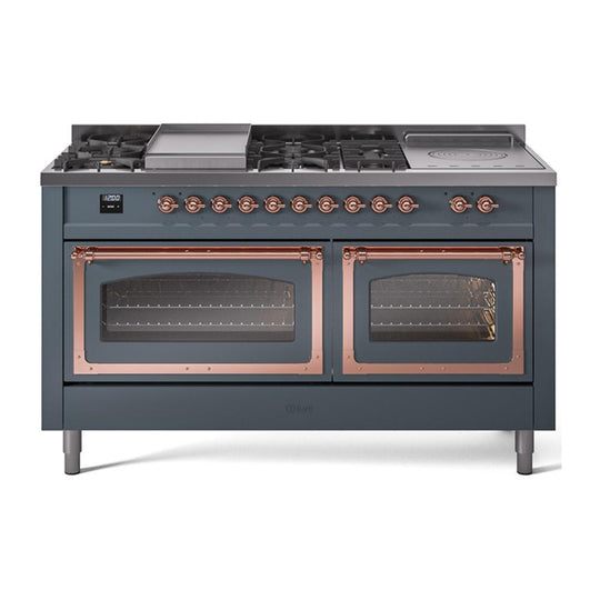 Ilve UN60FSNMPBGP Ilve Un60Fsnmpbgp Nostalgie Ii Noblesse 60" Dual Fuel Range (7 Sealed Burners + Griddle + French Top, Natural Gas, Triple Glass Door, Blue Grey, Copper)
