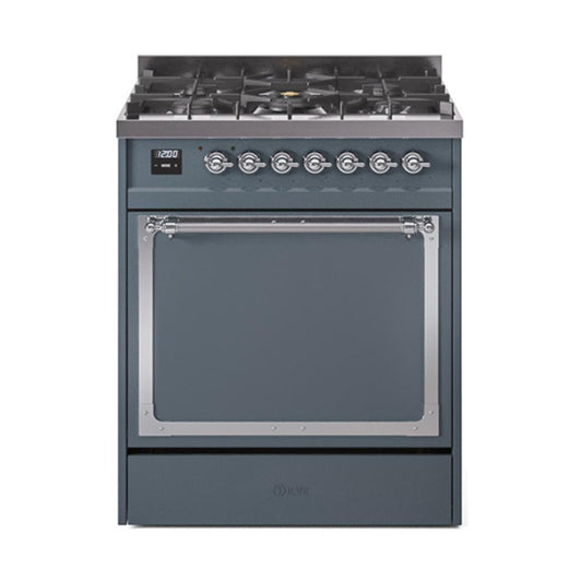 Ilve UN30QNMPBGC Ilve Un30Qnmpbgc Nostalgie Ii Noblesse 30" Dual Fuel Range (Natural Gas, Solid Door, Blue Grey, Chrome)