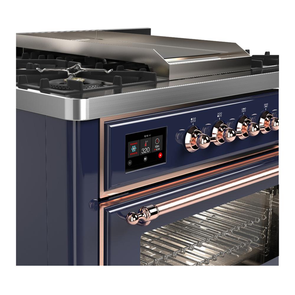 Ilve UM36FNR3MBP Ilve Um36Fnr3Mbp Majestic Iii 36 Inch Dual Fuel Range With 6 Black Brass Burners And Griddle, Dual Function Burner Up To 25,000 Btu (Triple Glass Door, Midnight Blue, Copper, Natural Gas)