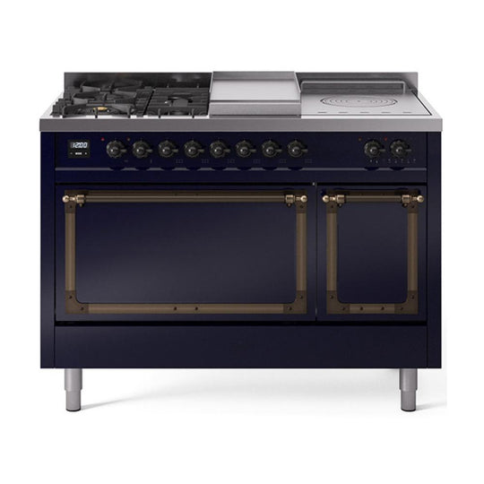 Ilve UN48FSQNMPMBB Ilve Un48Fsqnmpmbb Nostalgie Ii Noblesse 48" Dual Fuel Range (5 Sealed Burners + Griddle + French Top, Natural Gas, Solid Door, Midnight Blue, Burnished)