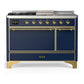 Ilve UM48FSQNR3MBG Ilve Um48Fsqnr3Mbg Majestic Iii 48 Inch Dual Fuel Range With 5 Black Brass Burners, Griddle And French Top, Dual Function Burner Up To 25,000 Btu (Natural Gas, Solid Door, Midnight Blue, Brass)
