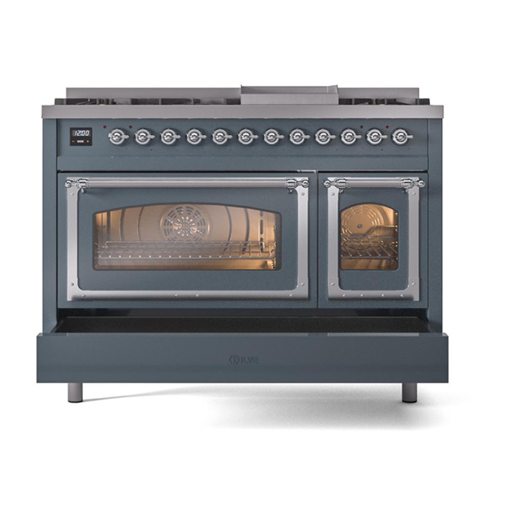 Ilve UN48FNMPBGC Ilve Un48Fnmpbgc Nostalgie Ii Noblesse 48" Dual Fuel Range (8 Sealed Burners + Griddle, Natural Gas, Triple Glass Door, Blue Grey, Chrome)
