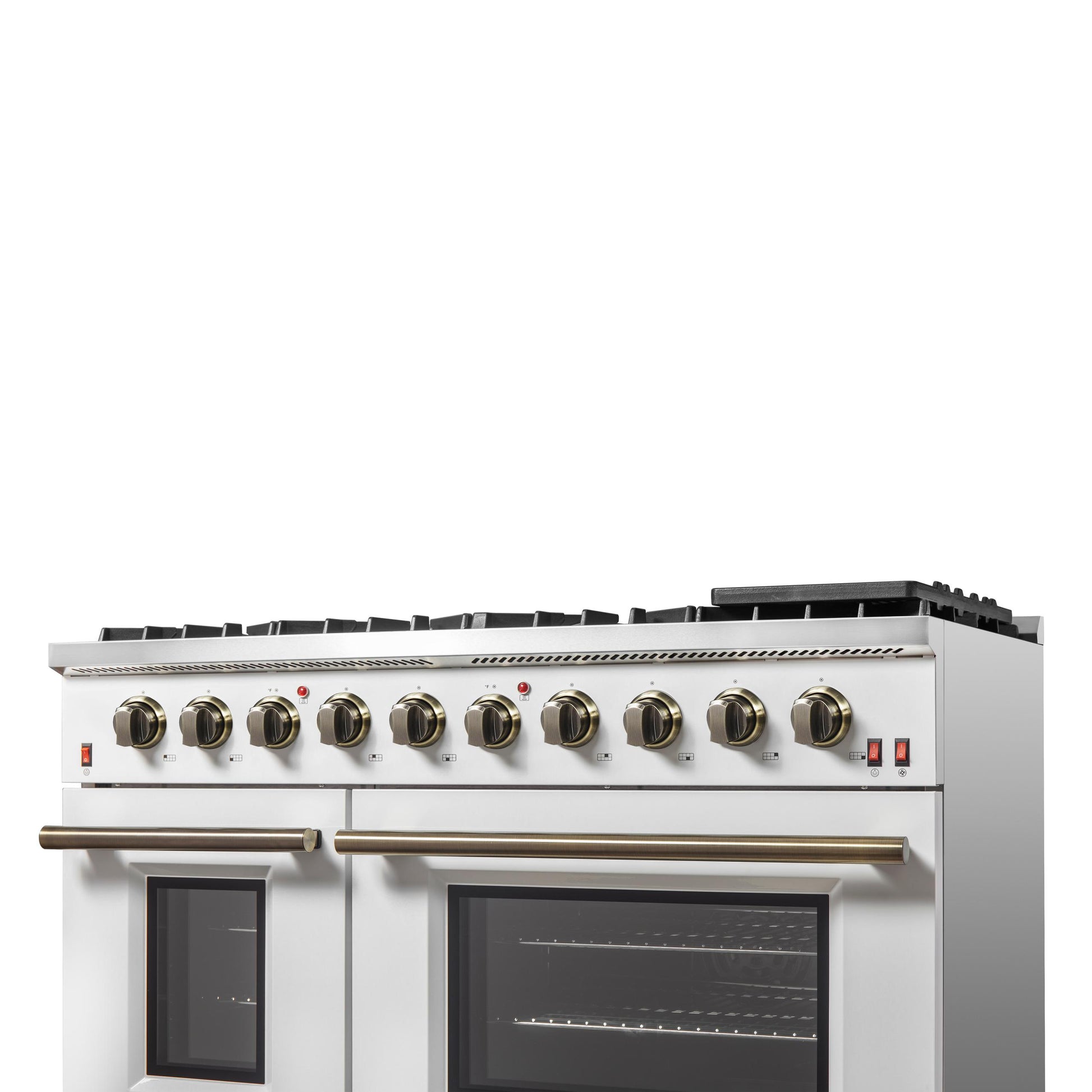 Forno FFSGS624448WHT Forno Galiano 48-Inch Gas Range White & Antique Brass Design, 8 Burners, 107,000 Btu, Griddle, 6.58 Cu.Ft. Double Ovens