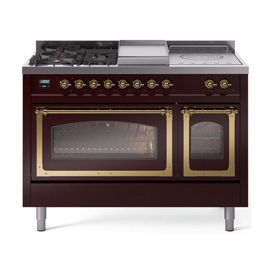 Ilve UN48FSNMPBUGLP Ilve Un48Fsnmpbuglp Nostalgie Ii Noblesse 48" Dual Fuel Range (5 Sealed Burners + Griddle + French Top, Liquid Propane, Triple Glass Door, Burgundy, Brass)