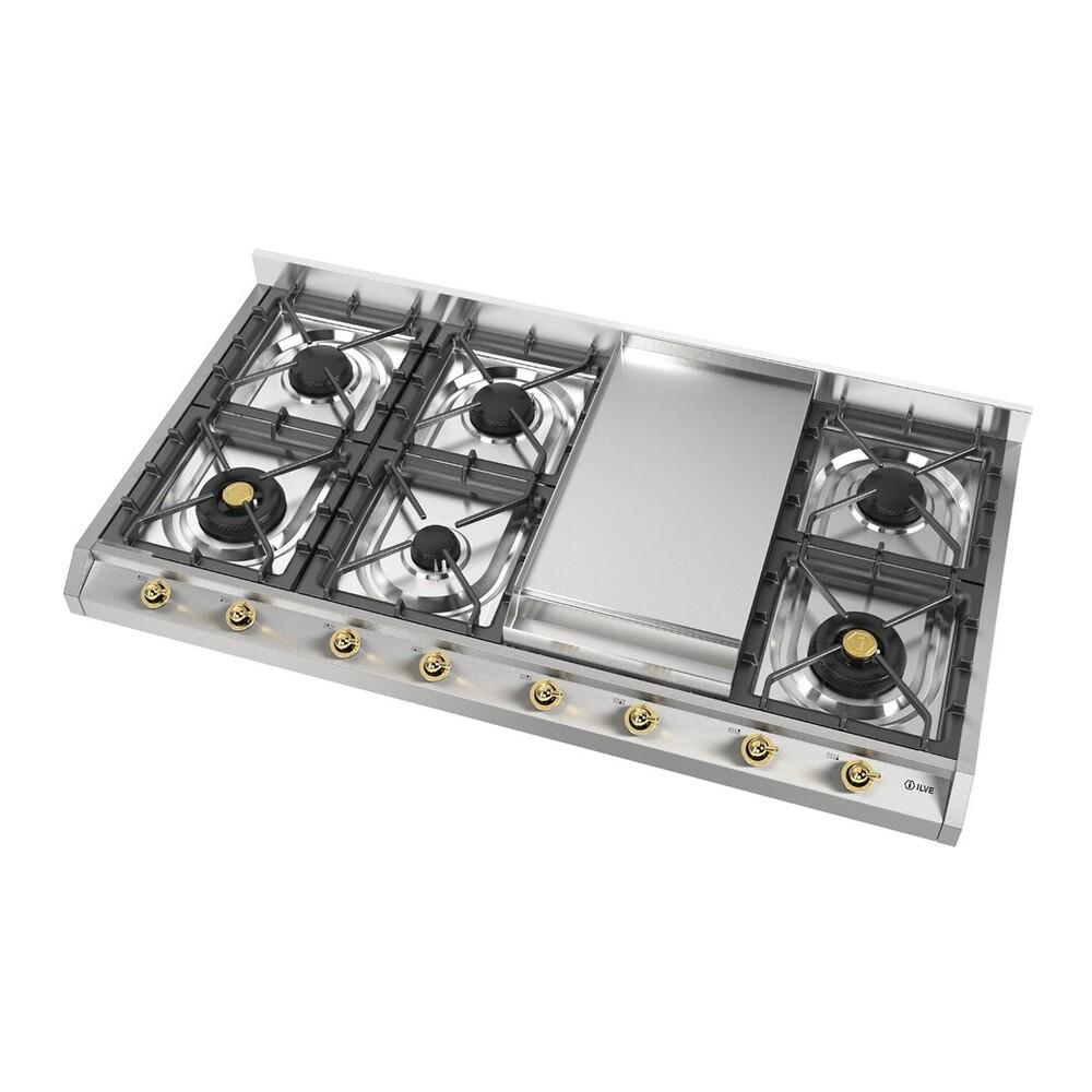 Ilve UHCP1265FNSSGLP Ilve Uhcp1265Fnssglp Nostalgie Ii 48 Inch Gas Cooktop With 8 Burners, Griddle, In Stainless Steel (Liquid Propane, Brass)
