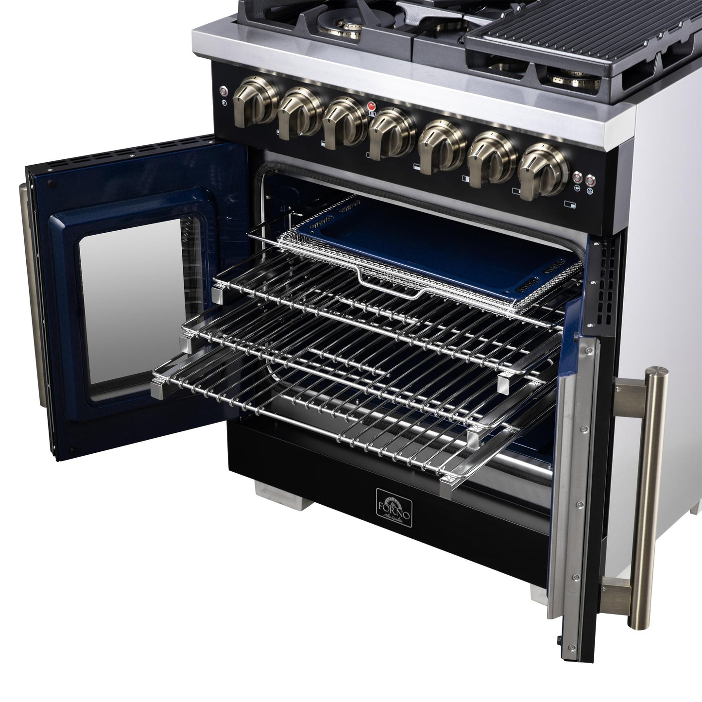 Forno FFSGS638730BLK Forno Capriasca 30-Inch Freestanding French Door Dual Fuel Range In Black With Antique Brass Accessories, 5 Burners, True Convection Oven