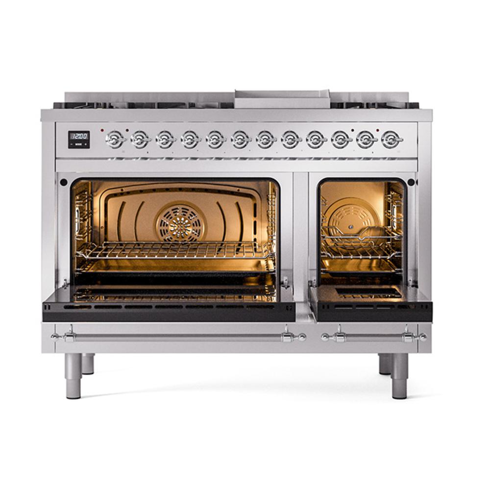 Ilve UN48FNMPSSC Ilve Un48Fnmpssc Nostalgie Ii Noblesse 48" Dual Fuel Range (8 Sealed Burners + Griddle, Natural Gas, Triple Glass Door, Stainless Steel, Chrome)