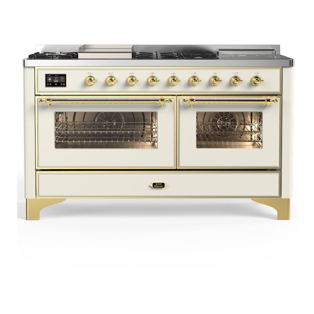 Ilve UM60FSNR3AWGLP Ilve Um60Fsnr3Awglp Majestic Iii 60 Inch Dual Fuel Range With 7 Burners, Griddle And French Top, Dual Function Burner With Up To 25,000 Btu (Liquid Propane, Triple Glass Door, Antique White, Brass)