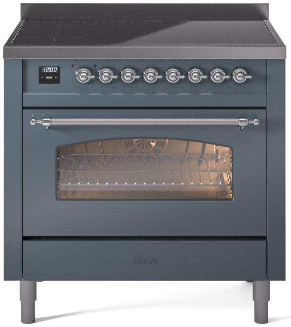 Ilve UPI366NMPBGC Nostalgie Ii 36 Inch Electric Freestanding Range In Blue Grey With Chrome Trim