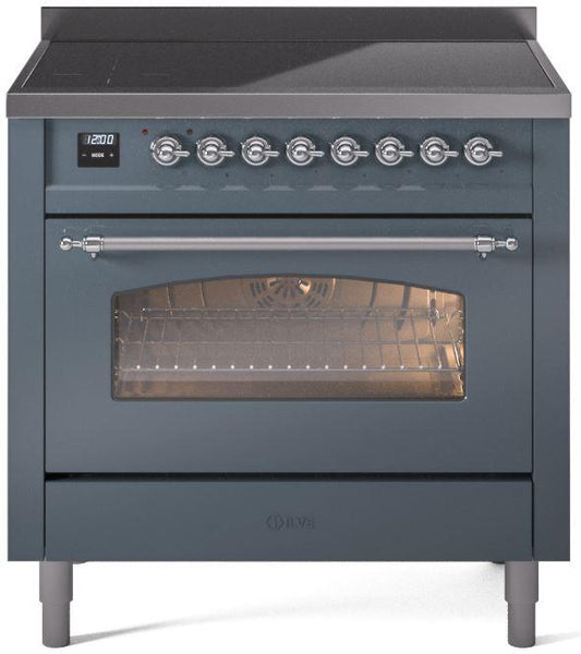 Ilve UPI366NMPBGC Nostalgie Ii 36 Inch Electric Freestanding Range In Blue Grey With Chrome Trim
