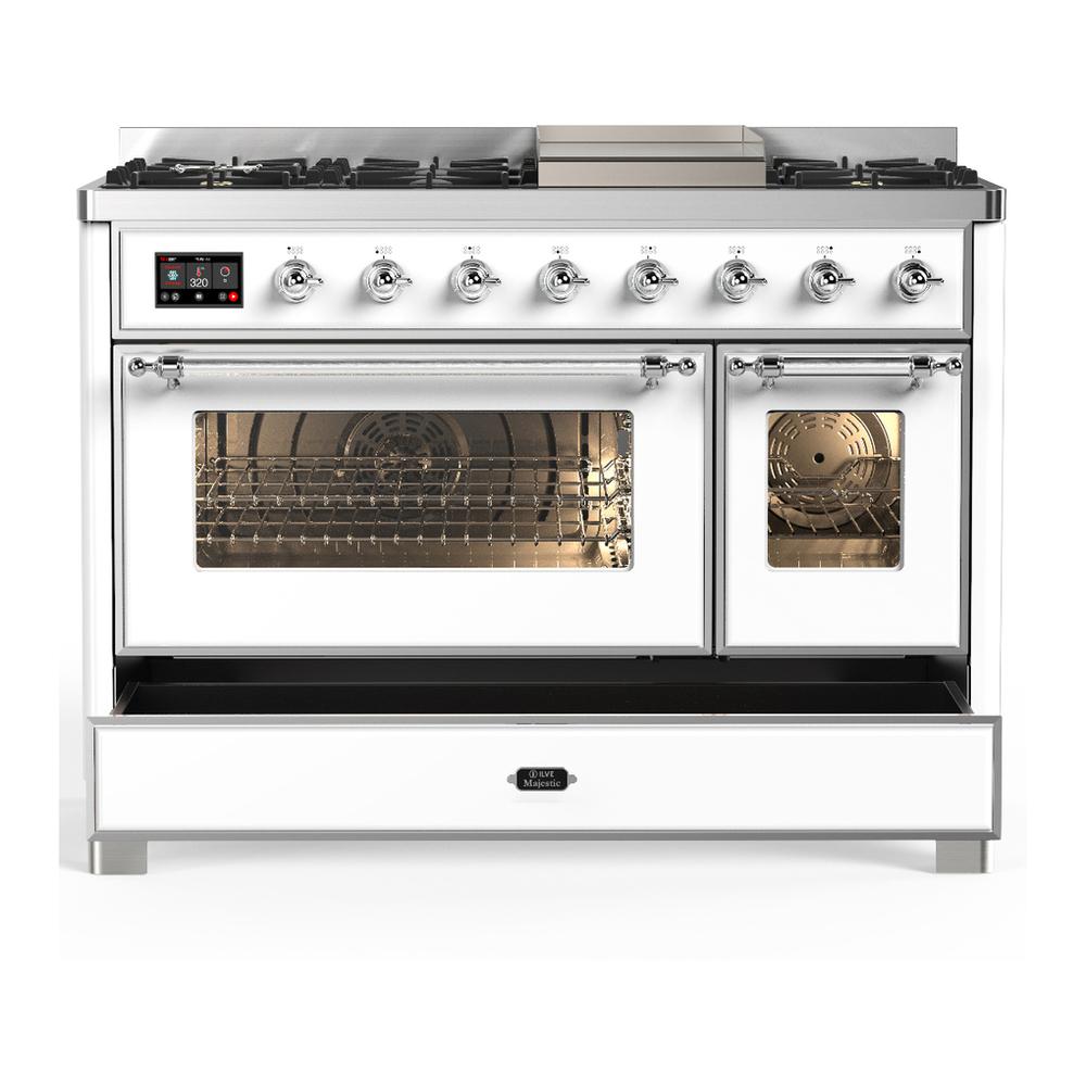 Ilve UM48FNR3WHCLP Ilve Um48Fnr3Whclp Majestic Iii 48 Inch Dual Fuel Range With 8 Burners And Griddle, Dual Function Burner Up To 25,000 Btu (Liquid Propane, Triple Glass Door, White, Chrome)