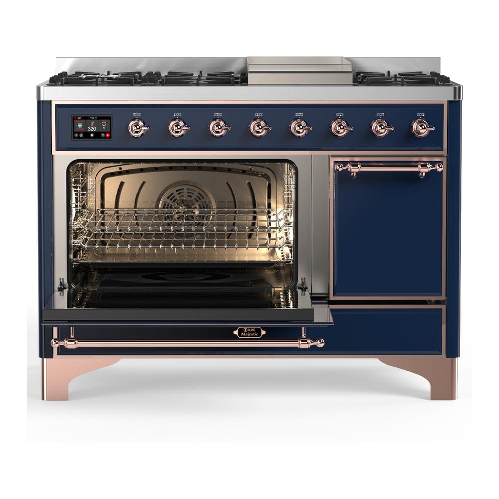 Ilve UM48FQNR3MBPLP Ilve Um48Fqnr3Mbplp Majestic Iii 48 Inch Dual Fuel Range With 8 Burners And Griddle, Dual Function Burner Up To 25,000 Btu (Liquid Propane, Solid Door, Midnight Blue, Copper)
