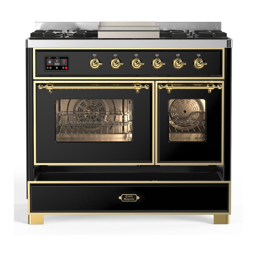 Ilve UMD40FNR3BKG Ilve Umd40Fnr3Bkg Majestic Iii 40 Inch Dual Fuel Range With 6 Burners And Griddle, Dual Function Burner Up To 25,000 Btu (Natural Gas, Triple Glass Door, Glossy Black, Brass)