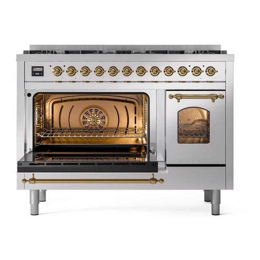Ilve UP488NMPSSGLP Ilve Up488Nmpssglp Nostalgie Ii 48 Inch Dual Fuel Range With 8 Total Black Brass Sealed Burners, Brass Trim (Limited Edition) (Liquid Propane, Stainless Steel)