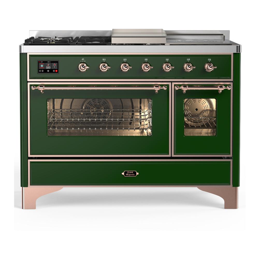 Ilve UM48FSNR3EGP Ilve Um48Fsnr3Egp Majestic Iii 48 Inch Dual Fuel Range With 5 Black Brass Burners, Griddle And French Top, Dual Function Burner Up To 25,000 Btu (Natural Gas, Triple Glass Door, Emerald Green, Copper)