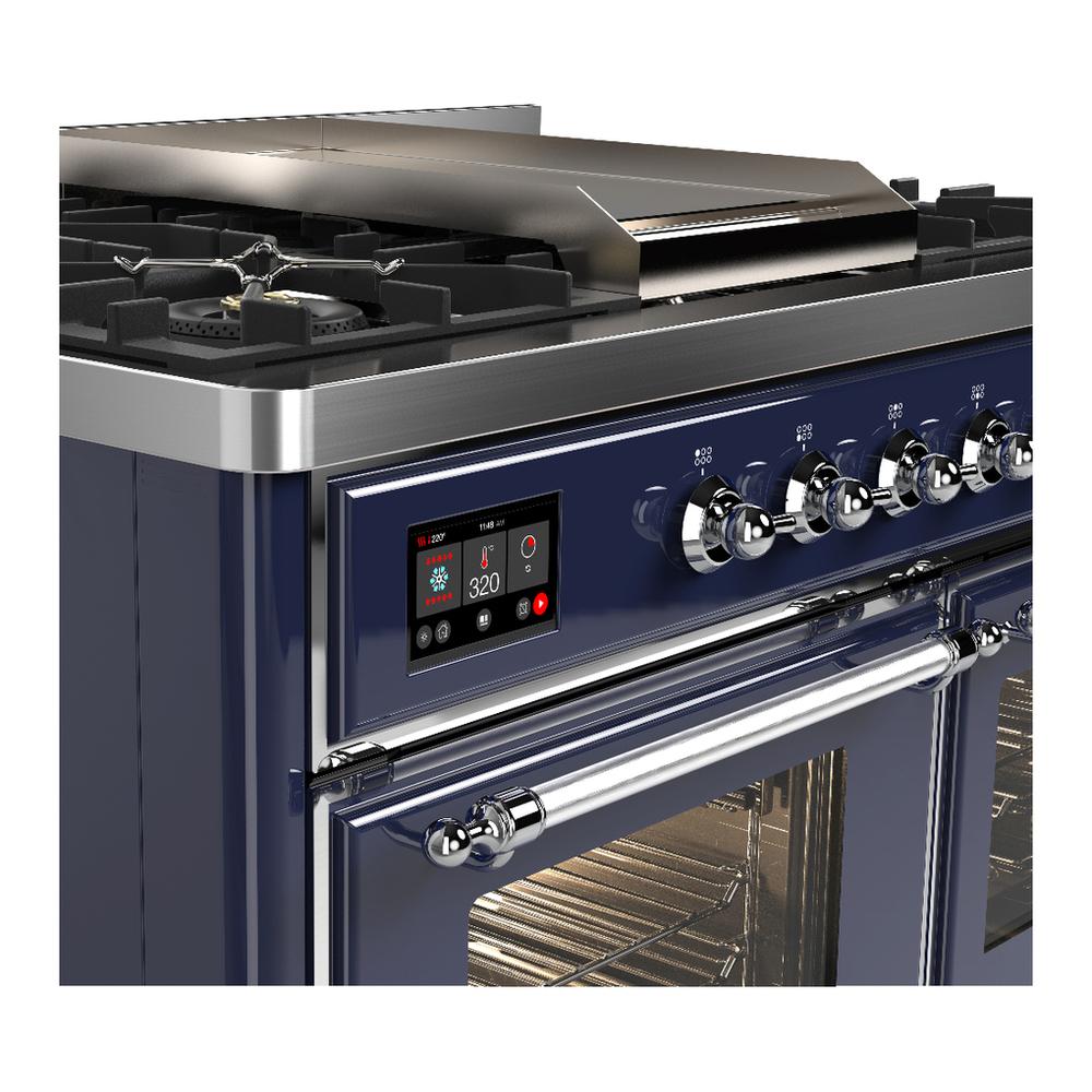 Ilve UMD40FNR3MBC Ilve Umd40Fnr3Mbc Majestic Iii 40 Inch Dual Fuel Range With 6 Burners And Griddle, Dual Function Burner Up To 25,000 Btu (Natural Gas, Triple Glass Door, Midnight Blue, Chrome)