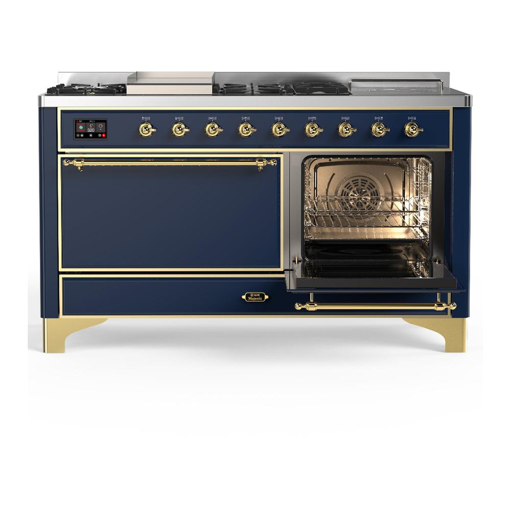 Ilve UM60FSQNR3MBG Ilve Um60Fsqnr3Mbg Majestic Iii 60 Inch Dual Fuel Range With 7 Burners, Griddle And French Top, Dual Function Burner With Up To 25,000 Btu (Natural Gas, Solid Door, Midnight Blue, Brass)