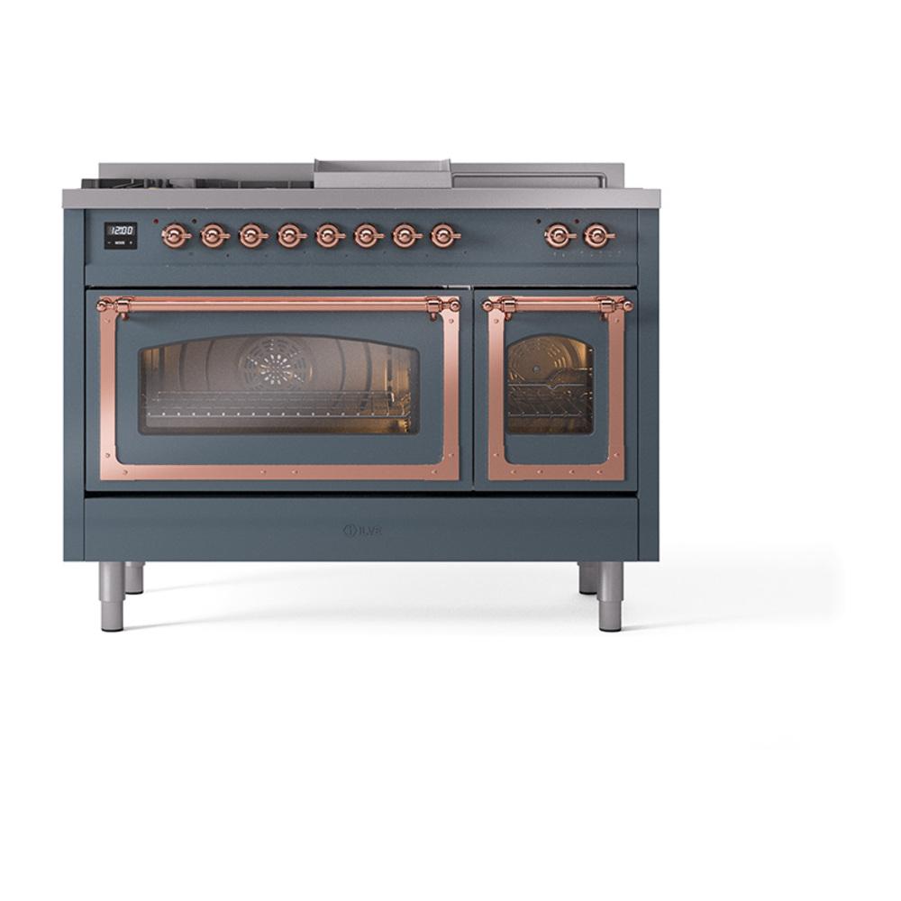 Ilve UN48FSNMPBGPLP Ilve Un48Fsnmpbgplp Nostalgie Ii Noblesse 48" Dual Fuel Range (5 Sealed Burners + Griddle + French Top, Liquid Propane, Triple Glass Door, Blue Grey, Copper)