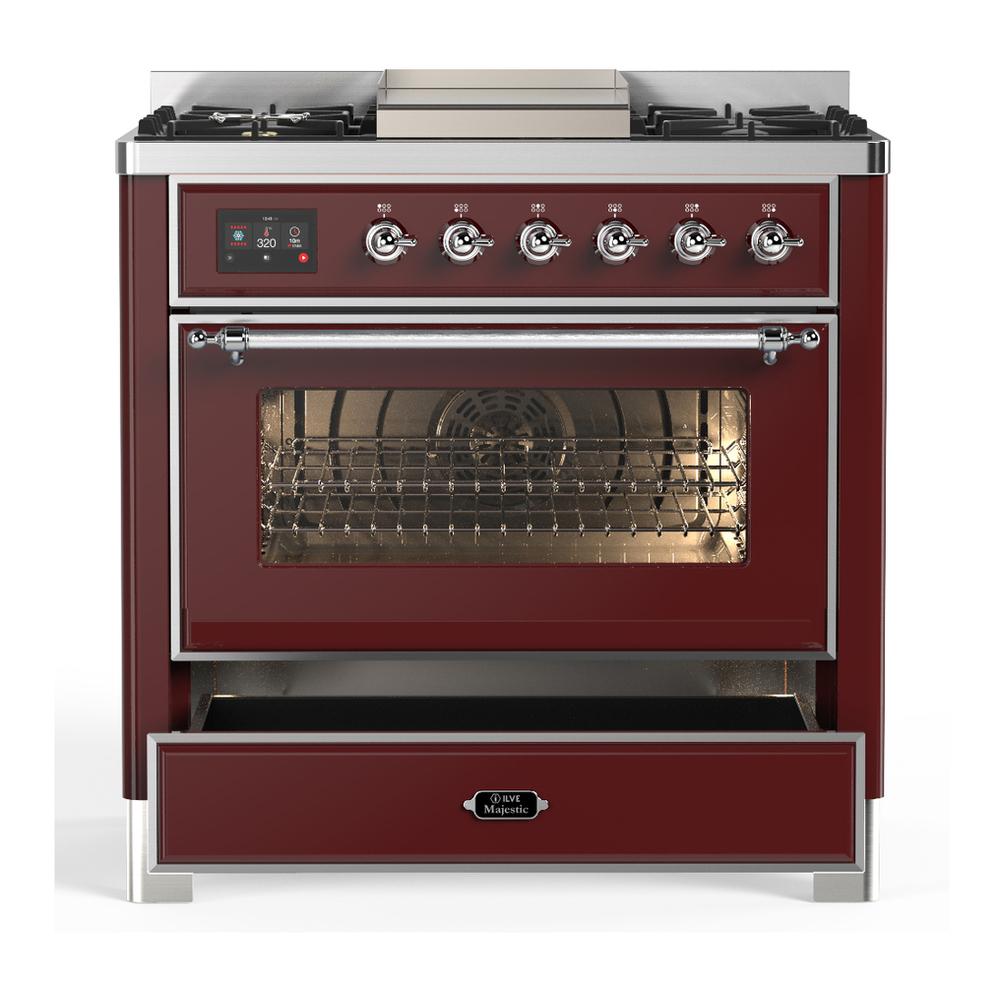 Ilve UM36FNR3BUCLP Ilve Um36Fnr3Buclp Majestic Iii 36 Inch Dual Fuel Range With 6 Black Brass Burners And Griddle, Dual Function Burner Up To 25,000 Btu (Triple Glass Door, Burgundy, Chrome, Liquid Propane)
