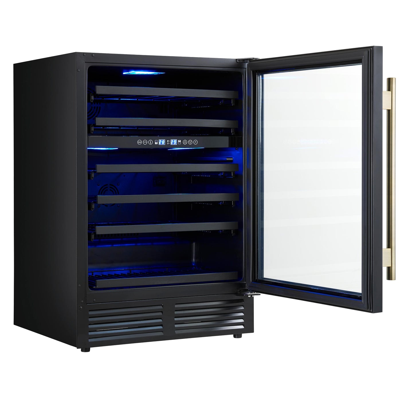 Forno FWCDR663424BLK Forno Bacchino 24 Inch Wine Cooler, Black With Antique Brass Handles, With Led Lighting, Triple Glass Door, 51 Bottle Capacity, Built-In Or Freestanding
