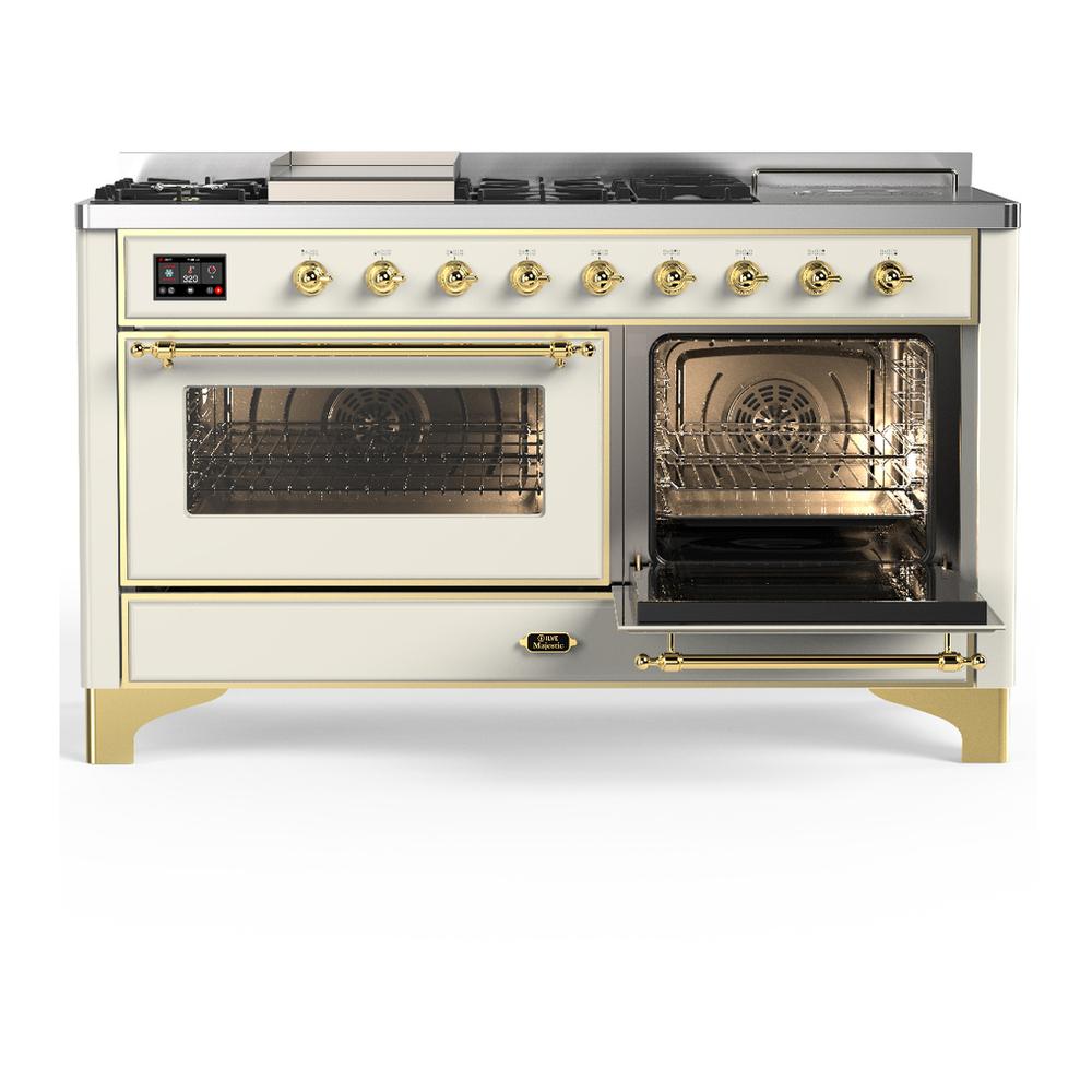 Ilve UM60FSNR3AWG Ilve Um60Fsnr3Awg Majestic Iii 60 Inch Dual Fuel Range With 7 Burners, Griddle And French Top, Dual Function Burner With Up To 25,000 Btu (Natural Gas, Triple Glass Door, Antique White, Brass)
