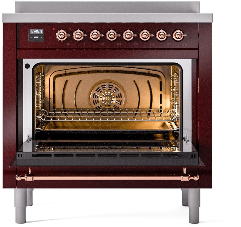 Ilve UPI366NMPBUP Nostalgie Ii 36 Inch Electric Freestanding Range In Burgundy With Copper Trim