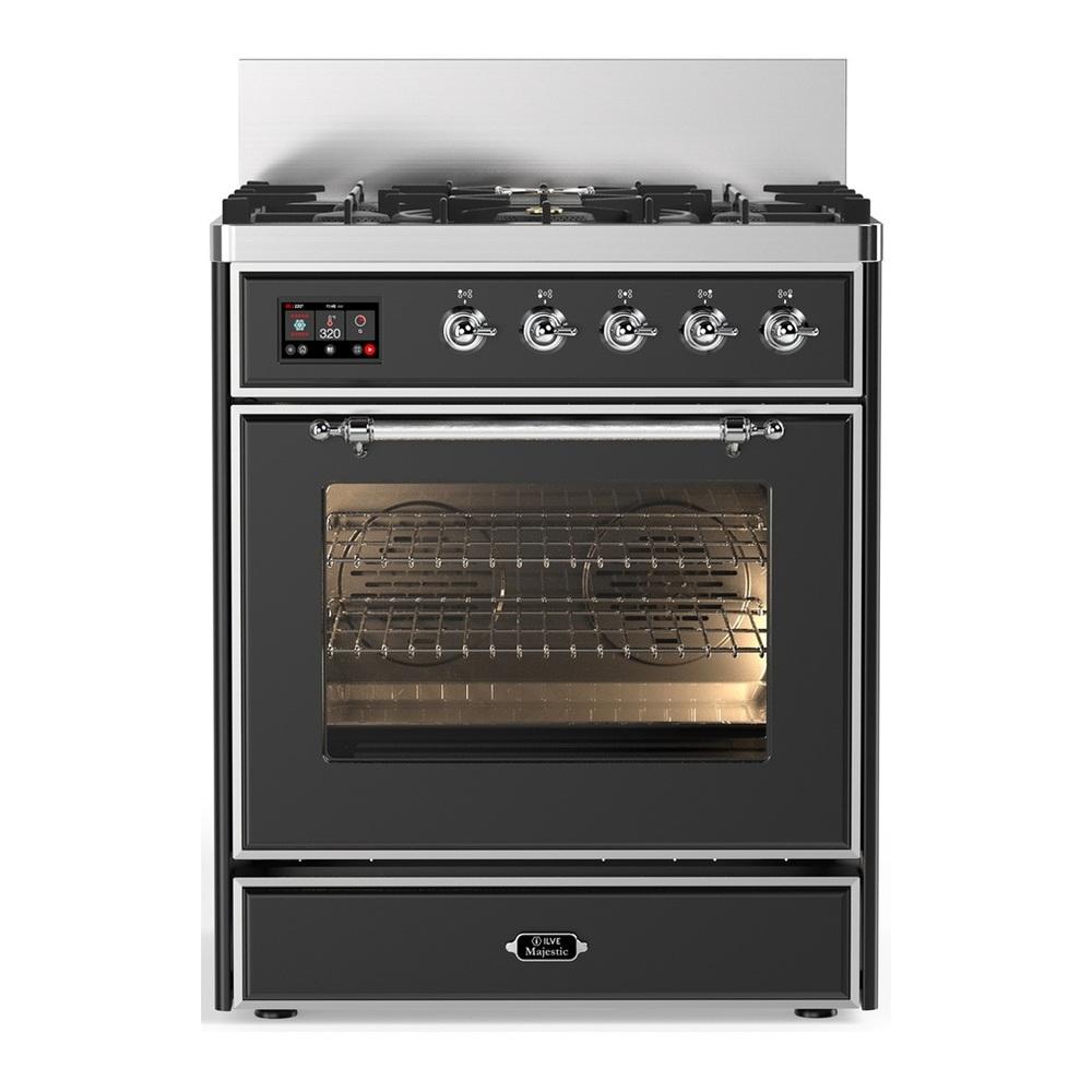 Ilve UM30NR3MGC Ilve Um30Nr3Mgc Majestic Iii 30 Inch Dual Fuel Range With 5 Black Brass Burners, Dual Function Burner Up To 25,000 Btu (Natural Gas, Triple Glass Door, Graphite Matte, Chrome)