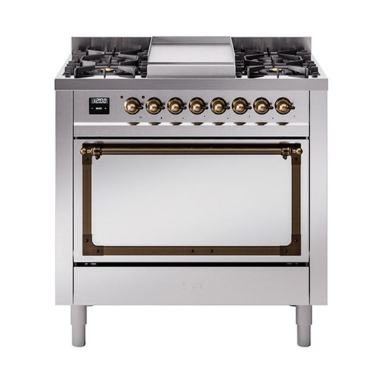 Ilve UN36FQNMPSSBLP Ilve Un36Fqnmpssblp Nostalgie Ii Noblesse 36" Dual Fuel Range (Liquid Propane, Solid Door, Stainless Steel, Burnished)