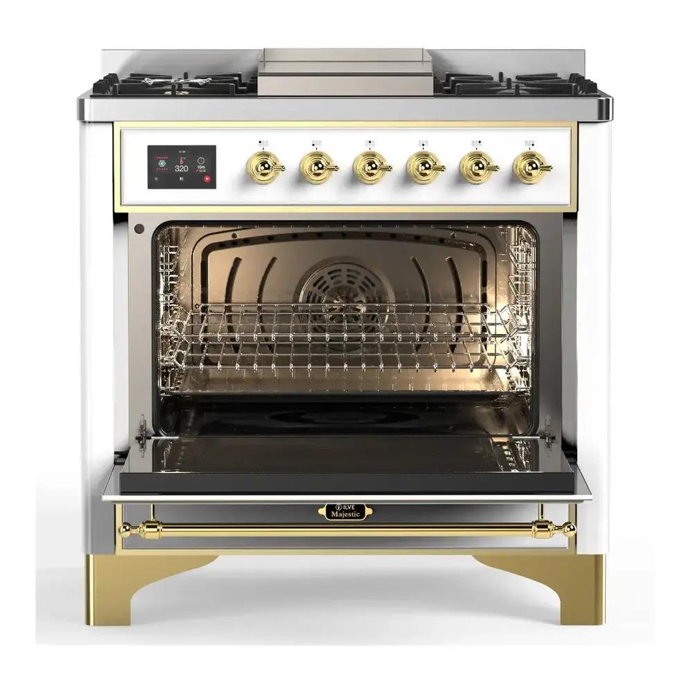 Ilve UM36FNR3RAGLP Ilve Um36Fnr3Raglp Majestic Iii 36 Inch Dual Fuel Range With 6 Black Brass Burners And Griddle, Dual Function Burner Up To 25,000 Btu (Triple Glass Door, Ral, Brass, Liquid Propane)