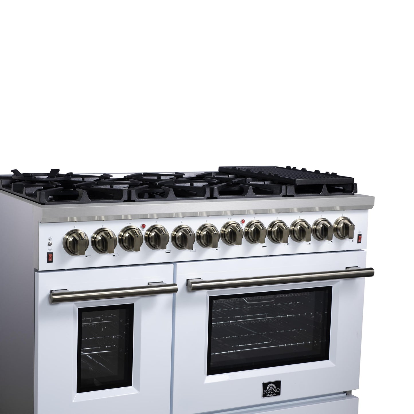 Forno FFSGS612548WHT Forno Massimo 48 Inch Freestanding Dual Fuel Range In White With Antique Brass Accessories, 8 Burners, 6.58 Cu. Ft. Convection Oven