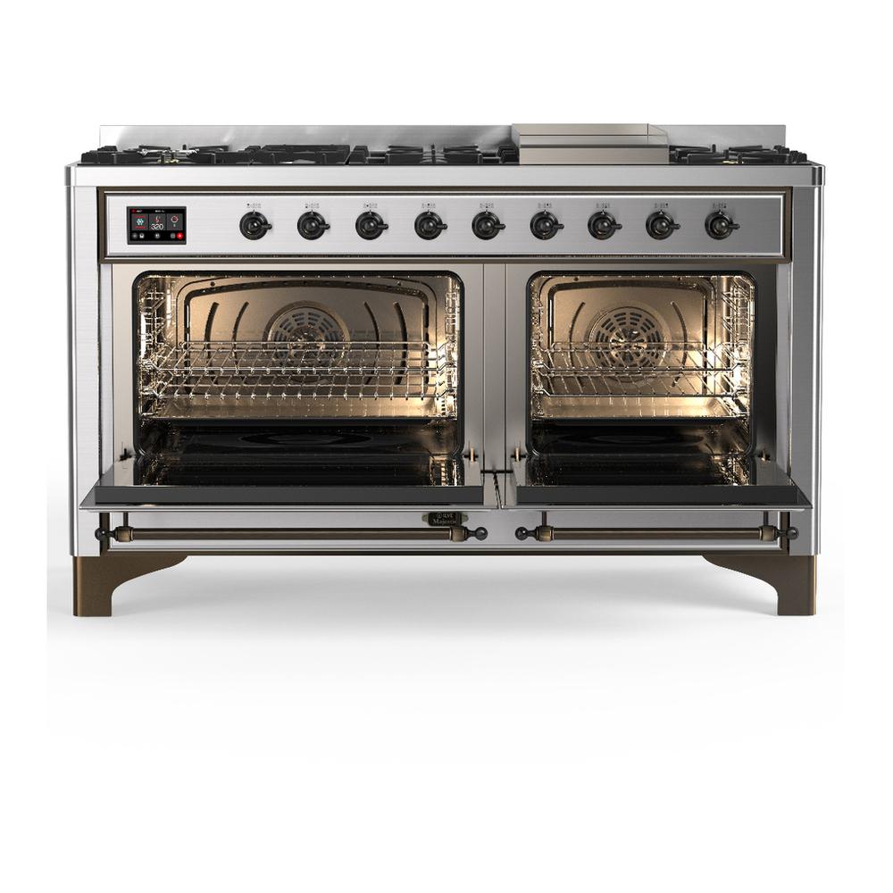 Ilve UM60FQNR3SSB Ilve Um60Fqnr3Ssb Majestic Iii 60 Inch Dual Fuel Range With 9 Burners And Griddle, Dual Function Burner Up To 25,000 Btu (Natural Gas, Solid Door, Stainless Steel, Burnished)