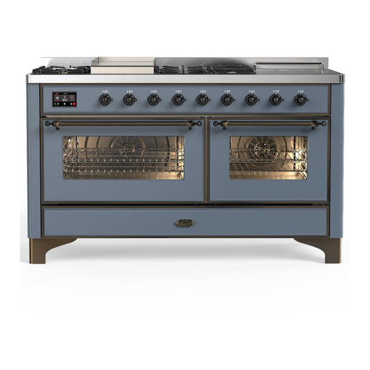 Ilve UM60FSNR3BGB Ilve Um60Fsnr3Bgb Majestic Iii 60 Inch Dual Fuel Range With 7 Burners, Griddle And French Top, Dual Function Burner With Up To 25,000 Btu (Natural Gas, Triple Glass Door, Blue Grey, Burnished)