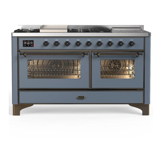 Ilve UM60FSNR3BGB Ilve Um60Fsnr3Bgb Majestic Iii 60 Inch Dual Fuel Range With 7 Burners, Griddle And French Top, Dual Function Burner With Up To 25,000 Btu (Natural Gas, Triple Glass Door, Blue Grey, Burnished)