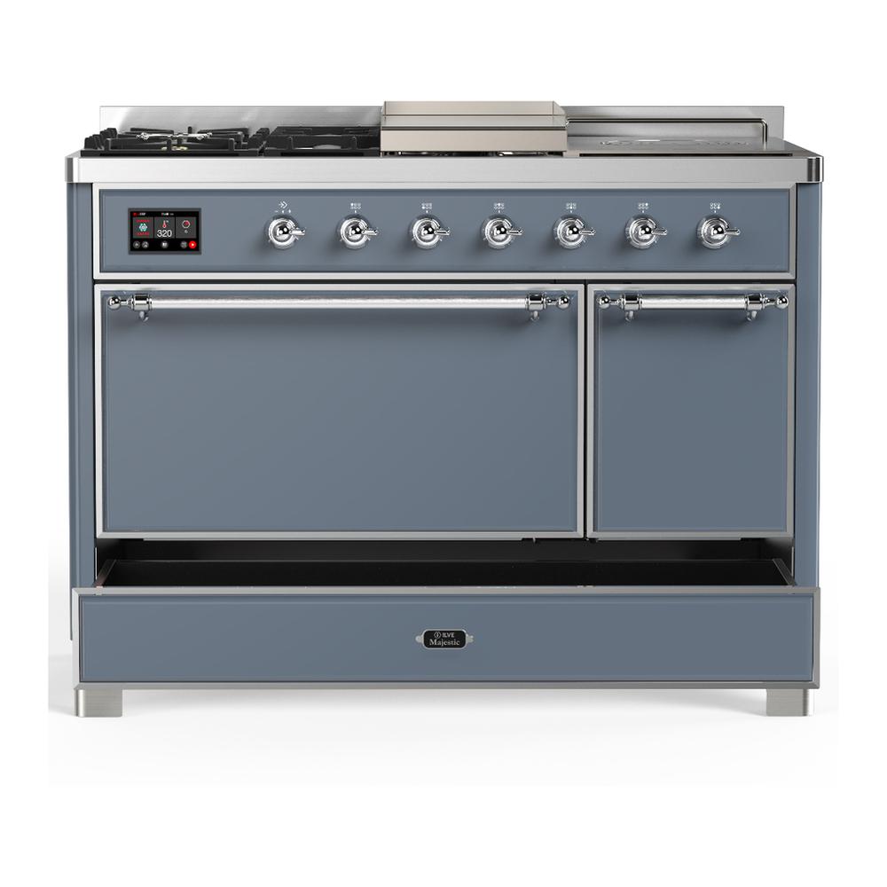 Ilve UM48FSQNR3BGCLP Ilve Um48Fsqnr3Bgclp Majestic Iii 48 Inch Dual Fuel Range With 5 Black Brass Burners, Griddle And French Top, Dual Function Burner Up To 25,000 Btu (Liquid Propane, Solid Door, Blue Grey, Chrome)