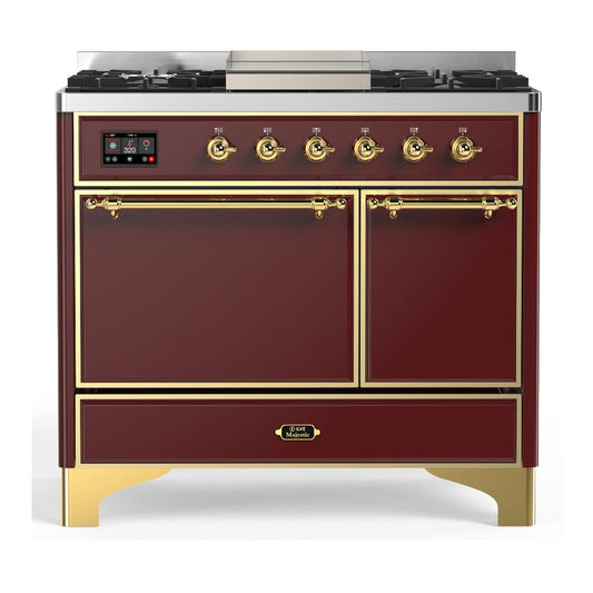Ilve UMD40FQNR3BUG Ilve Umd40Fqnr3Bug Majestic Iii 40 Inch Dual Fuel Range With 6 Burners And Griddle, Dual Function Burner Up To 25,000 Btu (Natural Gas, Solid Door, Burgundy, Brass)