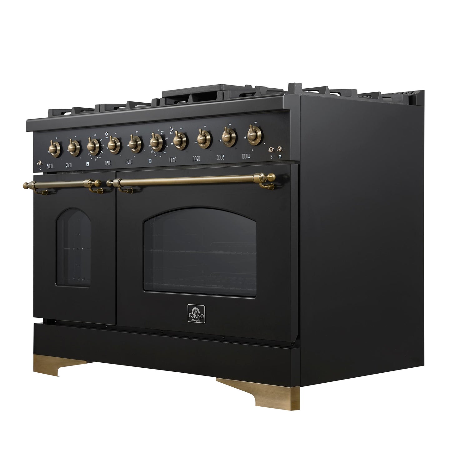 Forno FFSGS621948BLK Forno Antico 48-Inch Freestanding Gas Range, Black, Antique Brass Design, 8 Burners, Griddle, Double Ovens, Energy Efficient