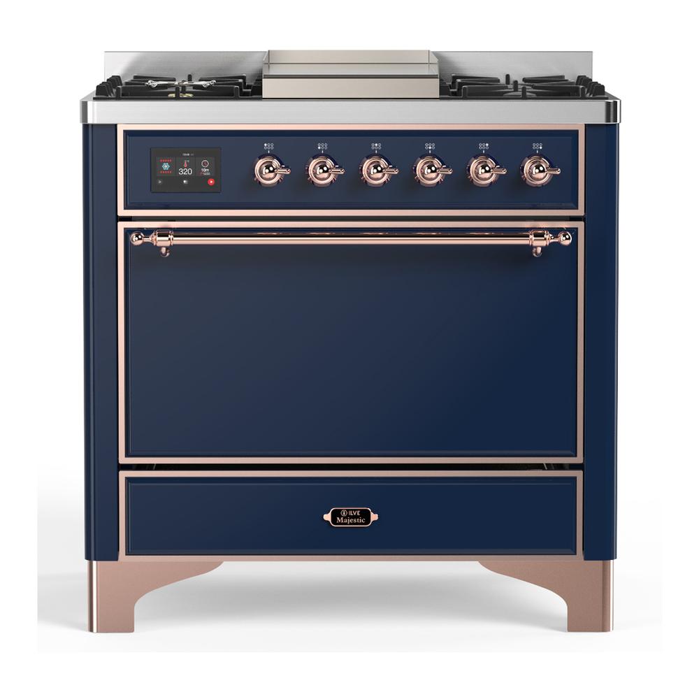 Ilve UM36FQNR3MBP Ilve Um36Fqnr3Mbp Majestic Iii 36 Inch Dual Fuel Range With 6 Black Brass Burners And Griddle, Dual Function Burner Up To 25,000 Btu (Solid Door, Midnight Blue, Copper, Natural Gas)