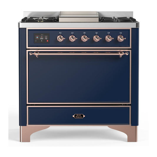 Ilve UM36FQNR3MBP Ilve Um36Fqnr3Mbp Majestic Iii 36 Inch Dual Fuel Range With 6 Black Brass Burners And Griddle, Dual Function Burner Up To 25,000 Btu (Solid Door, Midnight Blue, Copper, Natural Gas)