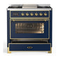 Ilve UM36FNR3MBGLP Ilve Um36Fnr3Mbglp Majestic Iii 36 Inch Dual Fuel Range With 6 Black Brass Burners And Griddle, Dual Function Burner Up To 25,000 Btu (Triple Glass Door, Midnight Blue, Brass, Liquid Propane)