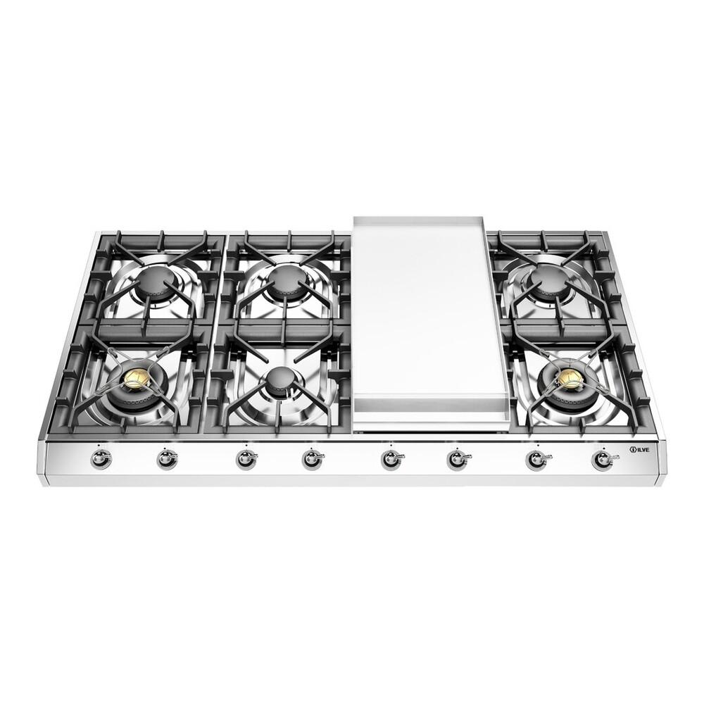 Ilve UHCP1265FNSSC Ilve Uhcp1265Fnssc Nostalgie Ii 48 Inch Gas Cooktop With 8 Burners, Griddle, In Stainless Steel (Natural Gas, Chrome)